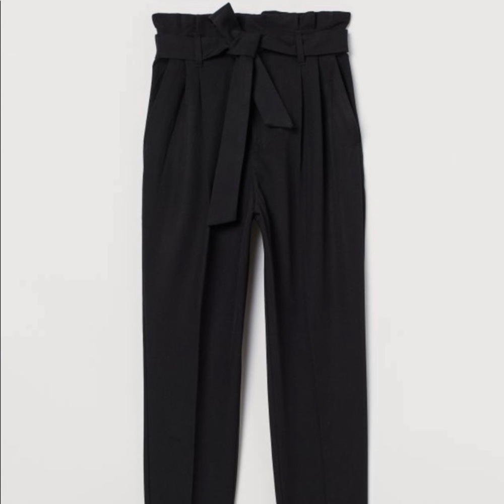 Paper Bag High Tie-Waist Straight Leg Black Pleated Front Trouser Pants Size 4 - Picture 2 of 6